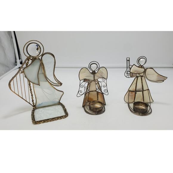 VTG Capiz Shell & Stained Glass Angel Candle Holders, Set of 3 - Picture 2 of 5